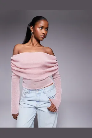 ASOS Pink offshoulder-top med ærmer med svaj og glimmer i mesh-Guld