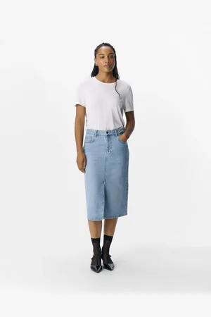Object Mellemblå midinederdel i denim