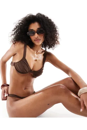 Miss Selfridge Mix og match - Chokoladebrun bikinitop med rynkede skåldetaljer