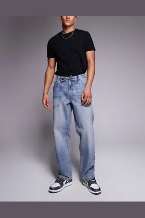 ASOS Baggy jeans i lys vask med løbesnor og farveskær-Blå