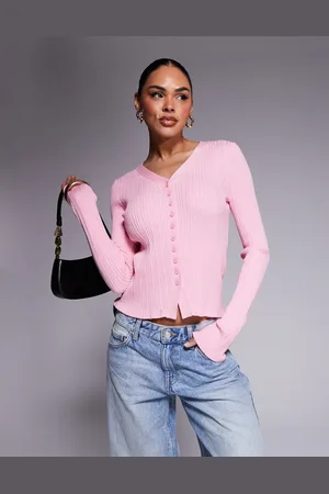 ASOS Pink og ribstrikket cardigan med V-hals, knapper fortil og flæser