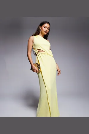 ASOS ASOS DESIGN Petite - Plisseret lysegul maxikjole med snoet nederdel og asymmetrisk oneshoulder-snit