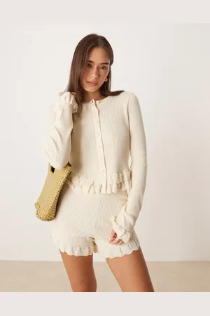 ASOS Strikket lysegul cardigan med rund hals og flæsedetaljer - Del af sæt