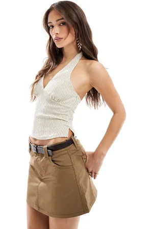Bershka Sandfarvet top med halterneck og striber i hør-Neutral