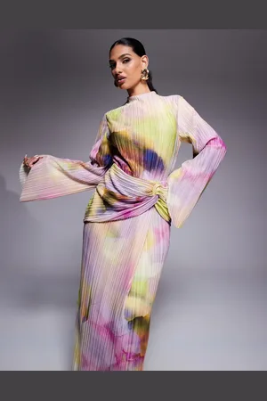 ASOS Plisseret maxikjole med lange ærmer og draperinger i sløret pastelfarvet print