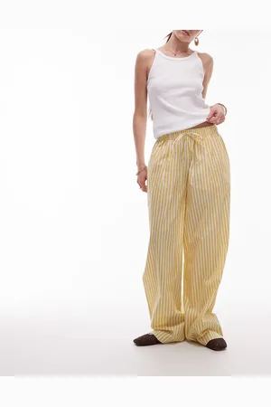 Topshop Gule og stribede pull on-bukser i poplin med vide ben-Multifarvet
