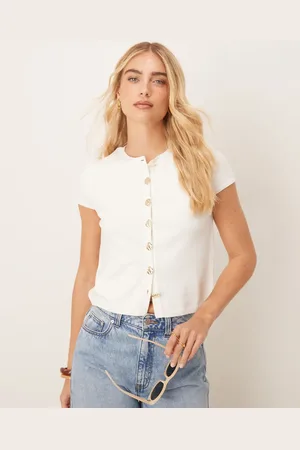 ASOS Strikket cremehvid cardigan med struktur, afkortede ærmer og guldknapper