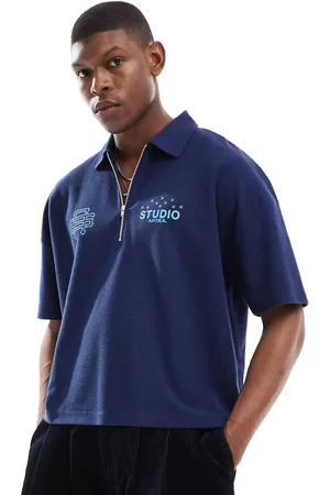 ASOS Marineblå oversized poloskjorte med sænkede skuldre, vaffeltekstur og broderier i kraftigt stof på 230 gsm i firkantet pasform