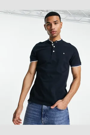 JACK & JONES Essentials - Marineblå poloskjorte med grandad-krave og pyntekanter