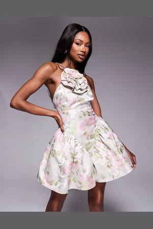 ASOS Mini-skaterkjole med halterneck, corsage-detalje og blomstermønster i jacquard-Multifarvet