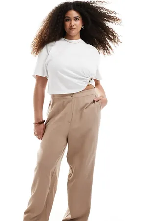 ASOS Curve - Mokkafarvede bukser med lige ben i afslappet pasform med hør-Brun