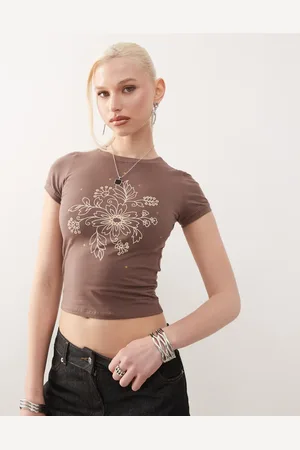 Motel Sutin - Lysebrun baby-T-shirt med pailletter og blomsterprint