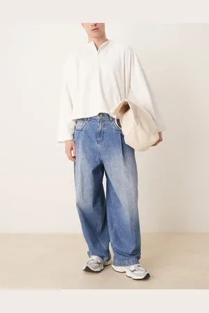 ASOS Mellemvasket blå oversized posede jeans med læg på lommerne