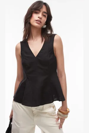 MANGO Peplum-top med V-hals i hørblandin