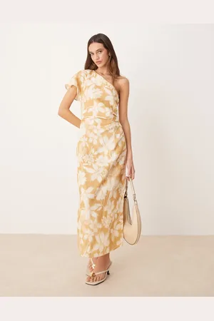 MANGO Lysegul midaxi-kjole med oneshoulder-snit og blomstermønster
