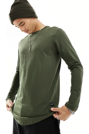 JACK & JONES Essentials - Kakigrøn top med lange ærmer og buet kant i bomuld