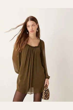 ASOS Kakigrøn smock-kjole i minilængde med flæser i halsudskæringen