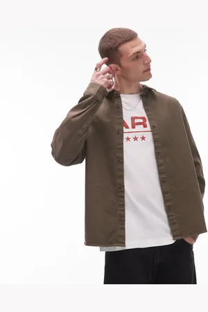 Topman Vasket kakigrøn overskjorte med lange ærmer i kanvas