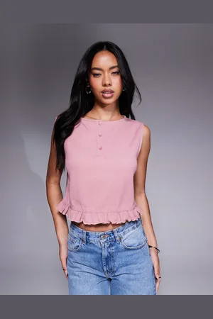 ASOS Rosa ærmeløs top med vaffeltekstur og flæsekant