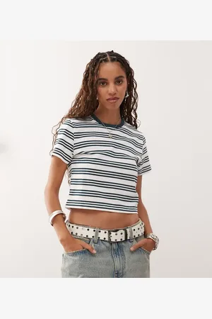 COLLUSION Beige krympet T-shirt i jersey med striber-Neutral