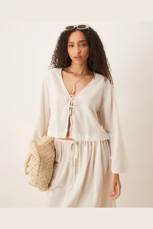 ASOS Belle - Naturfarvet strandtop med bindebånd foran i hørblanding-Neutral