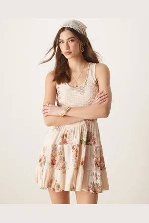 ASOS Lagdelt minikjole med dyb rund hals og blomstermønster i vintage-stil i krølstof-Multifarvet