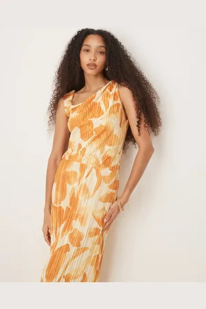 ASOS Plisseret midikjole med sænket skulder og orange blomstermønster-Multifarvet