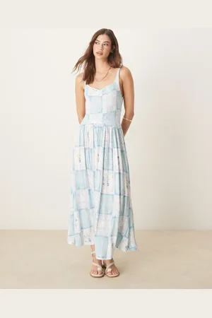 ASOS Lyseblå midikjole med hjerteformet hals og postkortprint i krølstof-Multifarvet