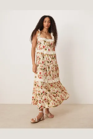 ASOS Lagdelt swing-maxikjole med blondeindsatser og flæser i vintage-blomstermønster-Multifarvet