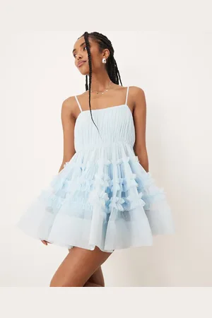 Lace & Beads Babyblå babydoll-minikjole med flæser i tyl