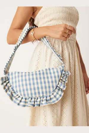My Accessories Skuldertaske med flæser og blå gingham-tern