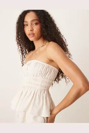 ASOS Belle - Beige strandtop i hørmateriale med bandeausnit og rynker-Neutral