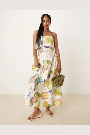ASOS Bandeau-midikjole med foldet kant, kiler og tropisk print-Multifarvet