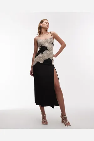 Topshop Slip-midikjole med kontrasterende paneler i raffia