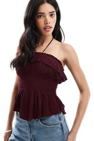 Bershka Bandeau-top med smocksyninger og flæser-Rød