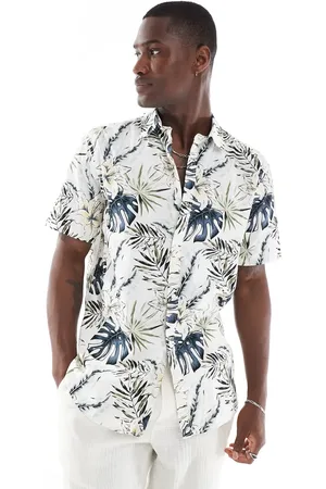 JACK & JONES Cremehvid skjorte med korte ærmer og Hawaii-print