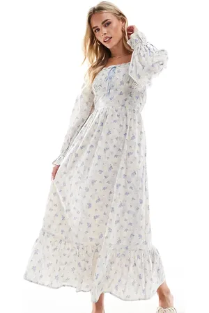 Miss Selfridge Milkmaid-maxikjole med blå -Multifarvet
