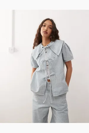 Reclaimed Denimtop med nålestriber og bindebånd fortil - Del af sæt-Blå
