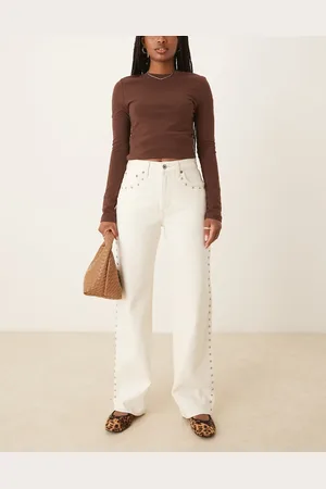 Abercrombie & Fitch Curve Love - Ecrufarvede afslappede jeans med høj talje og nitter i 90