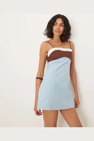 ASOS Cami-minikjole med blå farveblokke i bomuld- og hørblanding