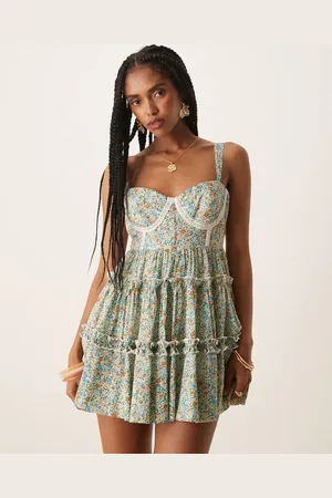 Lace & Beads Minikjole med flæser, korsetdesign med blondedetaljer og småblomstret print-Blå