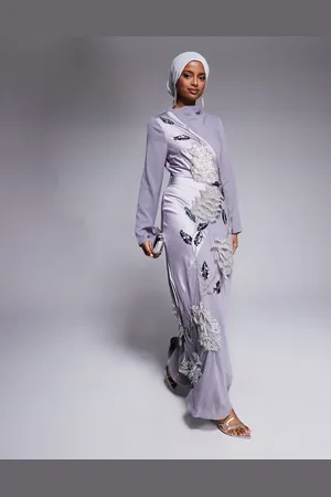 ASOS Afdæmpet lilla og udsmykket maxikjole i satin-chiffonblanding med vandfaldsudskæring-Grå