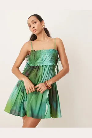 ASOS Grøn babydoll-minikjole med flæsekant og sløret print-Multifarvet