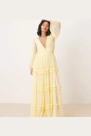 Lace & Beads Lysegul boho-maxikjole med flæser