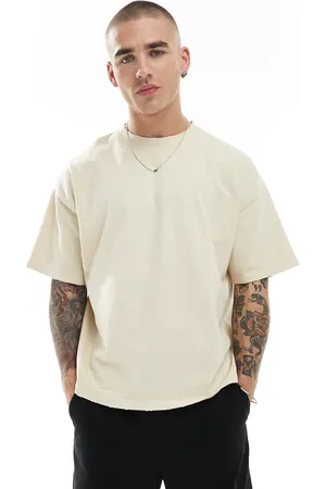 Pull&Bear Sandfarvet T-shirt med sliddetaljer i firkantet pasform-Neutral
