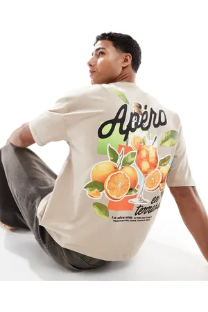 ASOS Beige oversized T-shirt med drinksgrafik i firkantet pasform-Neutral