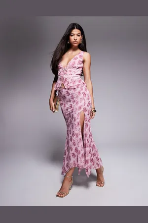 Princess Polly Pink maxinederdel med asymmetrisk kant og paisley-blomstermønster i chiffon - Del af sæt-Lilla