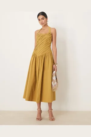 ASOS Gul midikjole med halterneck og asymmetriske plisseringer i overdelen samt sænket talje
