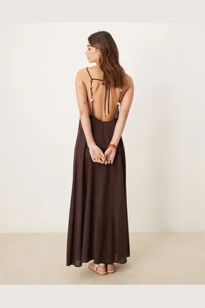 ASOS Ivy - maxi-strandkjole med perledetaljer på ryggen i hørblanding