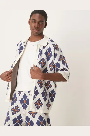 ASOS Strikket polotrøje med knapper og blåt aztekermønster i afslappet pasform - Del af sæt